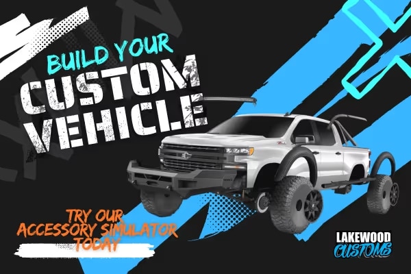 Custom vehicle building promotional image featuring a silver truck with a customizable accessory simulator invitation, showcasing Lakewood Customs branding.