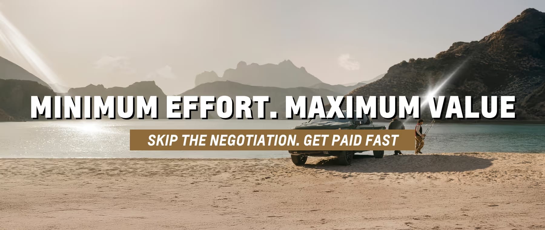 A serene beach scene with mountains in the background, featuring a vehicle parked on the sand. Two individuals are walking towards the water, with a focus on encouraging quick, hassle-free transactions and maximizing value in sales or services. Ideal for promoting fast payment solutions.