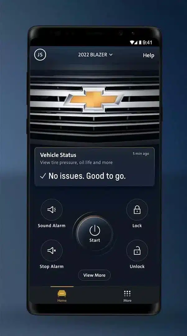 Screenshot of the Chevrolet app for the 2022 Blazer, displaying vehicle status showing no issues, with options to start the vehicle, sound or stop the alarm, lock and unlock doors, and access more features.
