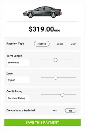 Car payment calculator showing a black sedan image, $319.00/month cost, options for payment type (Finance, Lease, Cash), term length, down payment, credit rating, and trade-in. A green button reads Save This Payment.