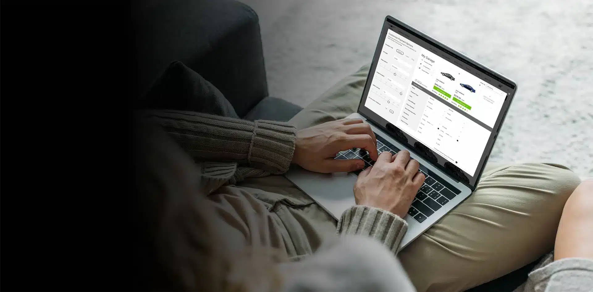 Person using a laptop to browse a vehicle purchasing platform on a cozy couch, showcasing an intuitive interface for selecting cars and payment options.