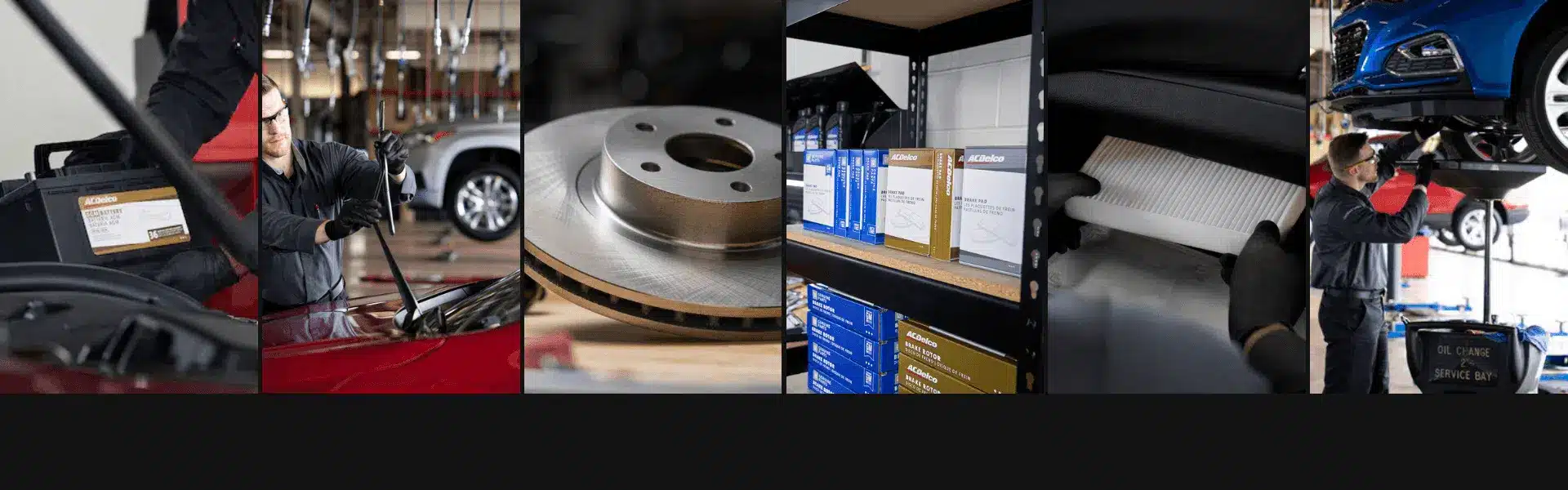 An automotive technician performing maintenance tasks, including battery installation, brake inspection, and oil changes, in a well-equipped service bay, showcasing various auto parts and tools for vehicle care.