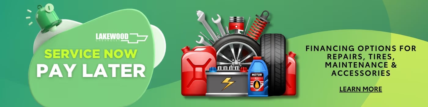 Illustration promoting Lakewood Chevrolet's financing options for vehicle repairs, tires, maintenance, and accessories, featuring various automotive tools and products against a green background with the text "Service Now, Pay Later."