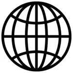 Black and white illustration of a globe, representing global connectivity and international concepts.