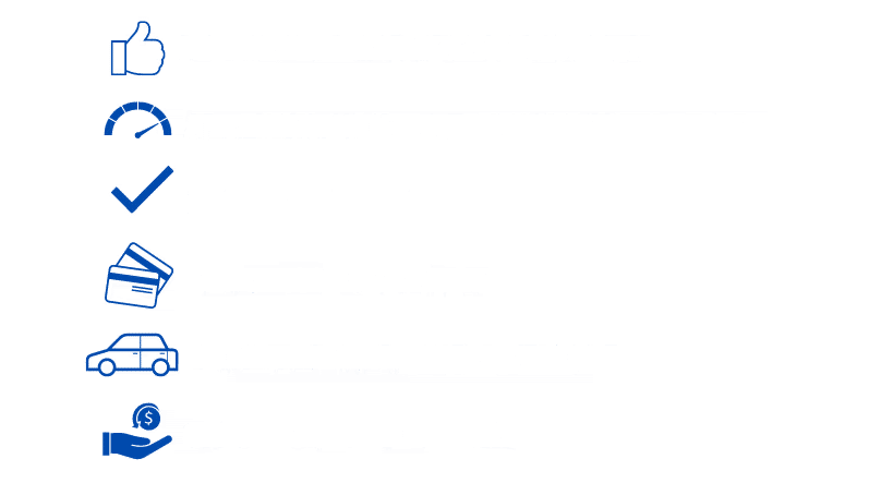 Graphic illustrating key aspects of a service: a thumbs-up icon representing satisfaction, a speedometer for performance, a checkmark for verification, a credit card symbol for payment options, a car icon for services involving vehicles, and a hand holding money symbolizing transactions.