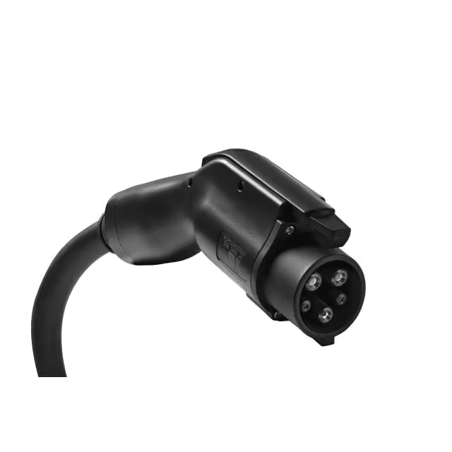 Close-up of an electric vehicle charging connector showing a black plug with three pins, designed for fast charging. Ideal for electric vehicle owners seeking efficient charging solutions.