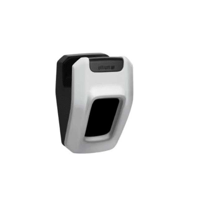 Wall-mounted device designed for efficient battery charging, featuring a sleek white and black design. Ideal for electric vehicles and energy management systems.