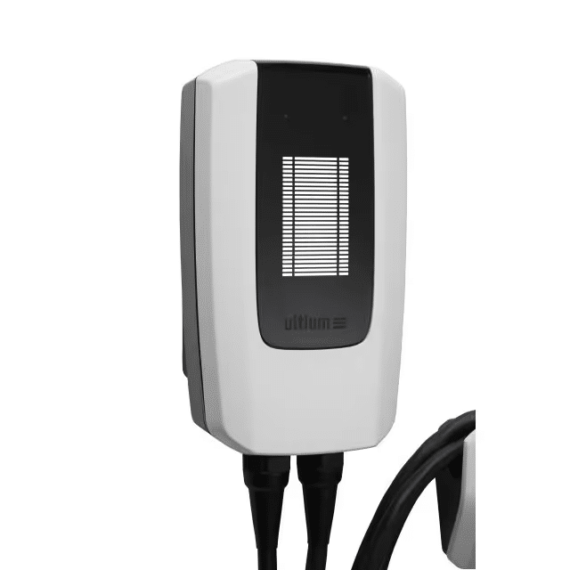 Wall-mounted electric vehicle charger from Ultium, featuring a modern design with dual charging ports and a sleek black and white aesthetic, ideal for home or commercial use.