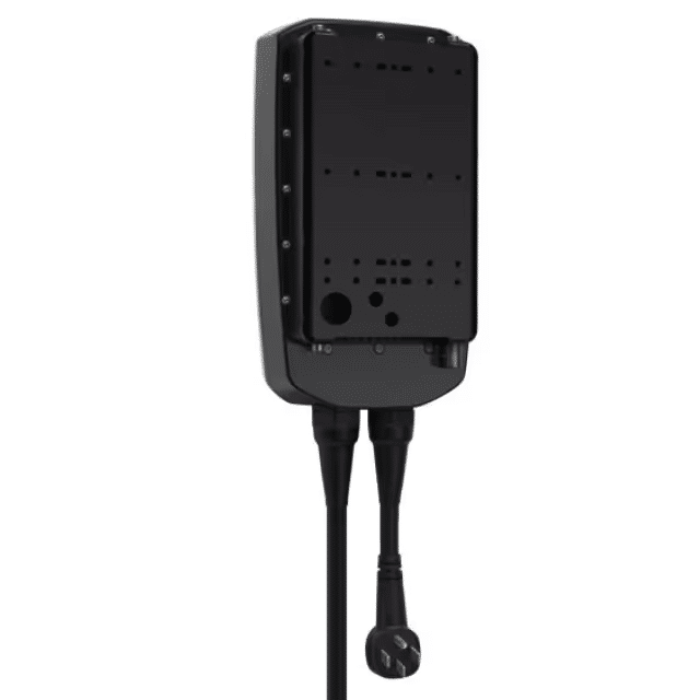 Black electrical enclosure with two power cables attached, designed for outdoor use, featuring various mounting options and a weather-resistant surface for enhanced durability.