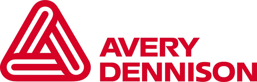 Avery Dennison logo featuring a distinctive red triangular design with the company name in bold red letters, representing a global leader in labeling and packaging solutions.