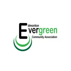Logo of the Edmonton Evergreen Community Association, featuring a stylized letter "E" in black with green accents and circular green elements, representing community and environmental focus.