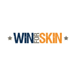 Logo of "Win for Skin," a campaign or initiative focused on skincare and skin health. The design features the text in bold colors: blue, gray, and orange, with star motifs, emphasizing a positive message about skin awareness.