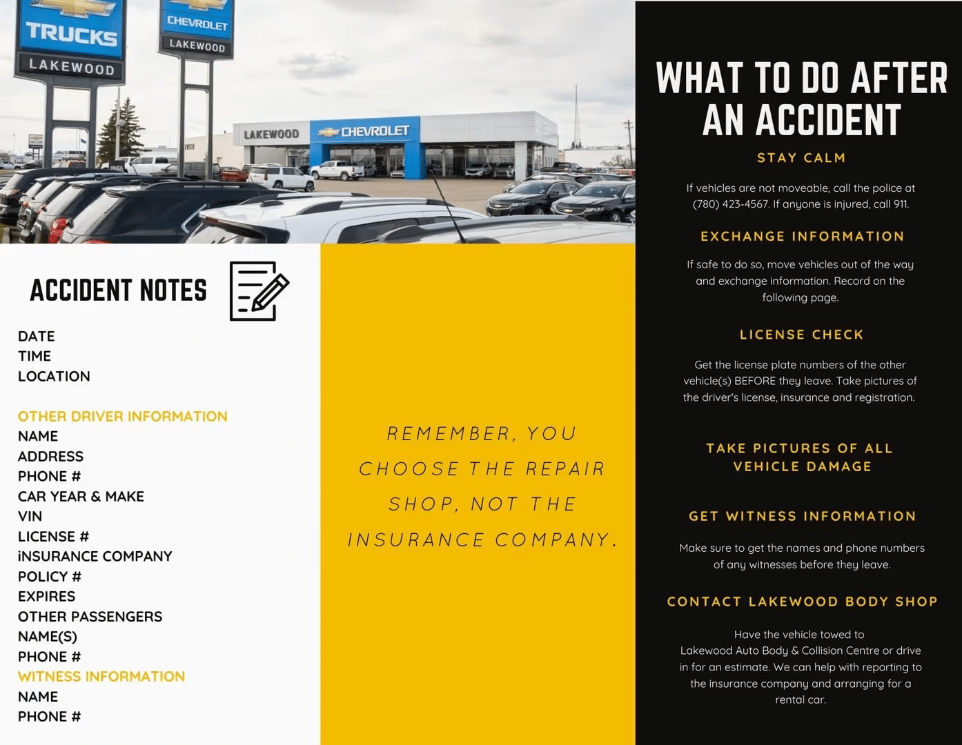 Graphic outlining steps to take after a car accident, including information on exchanging driver details, verifying licenses, documenting vehicle damage, and getting witness information. Features Lakewood Chevrolet dealership and a reminder that customers choose their repair shop, not the insurance company.