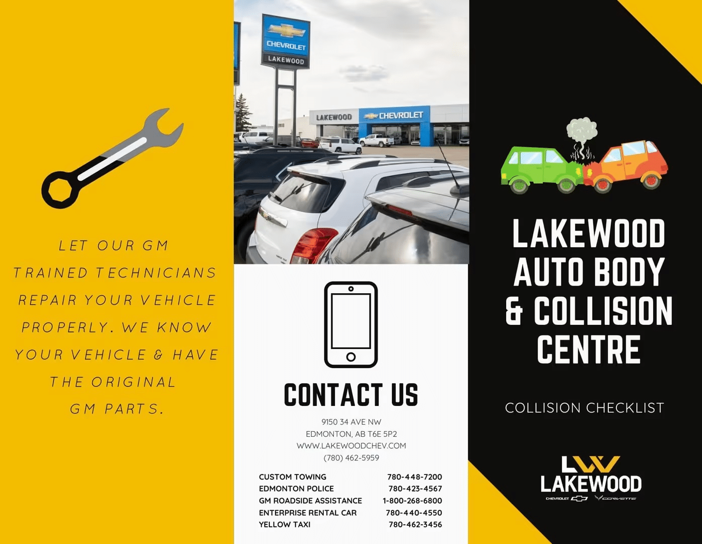 Image of Lakewood Auto Body & Collision Centre with a Chevrolet sign, showcasing a service area with vehicles. The graphic highlights GM trained technicians, vehicle repair expertise, and contact information for collision services in Edmonton, Alberta. Prominent features include a wrench icon, contact details, and a checklist for collision services.