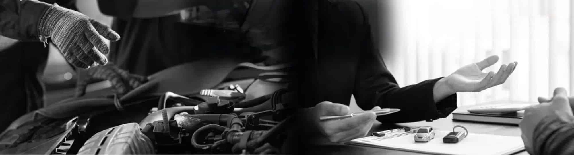 Close-up image showing a gloved hand about to touch a car engine on the left, while the right side features a business meeting with hands gesturing and holding a pen over a clipboard, highlighting discussions about automotive services or repairs.