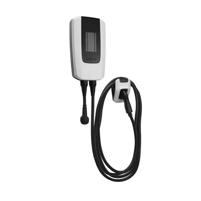Wall-mounted electric vehicle charger from Ultium, featuring a modern design with dual charging ports and a sleek black and white aesthetic, ideal for home or commercial use.