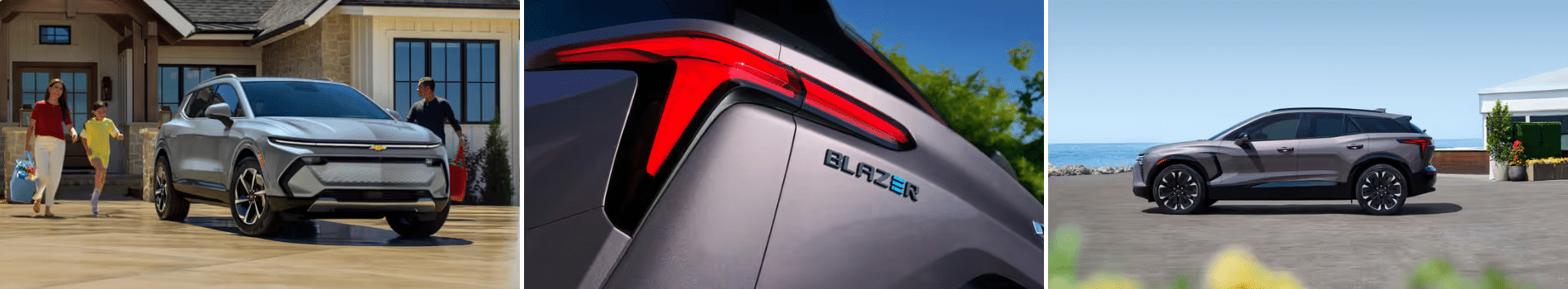 Family enjoying time together near a Chevrolet Blazer EV, showcasing its sleek design and modern features. The image highlights the vehicle's exterior, with a focus on its rear light design, set against a sunny outdoor backdrop.