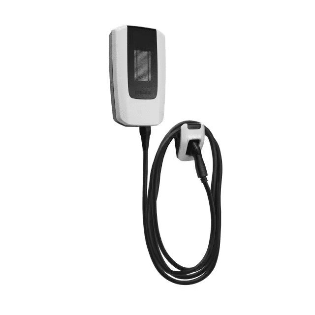 Electric vehicle charging station mounted on a wall with a cable and connector for easy access and efficient charging.