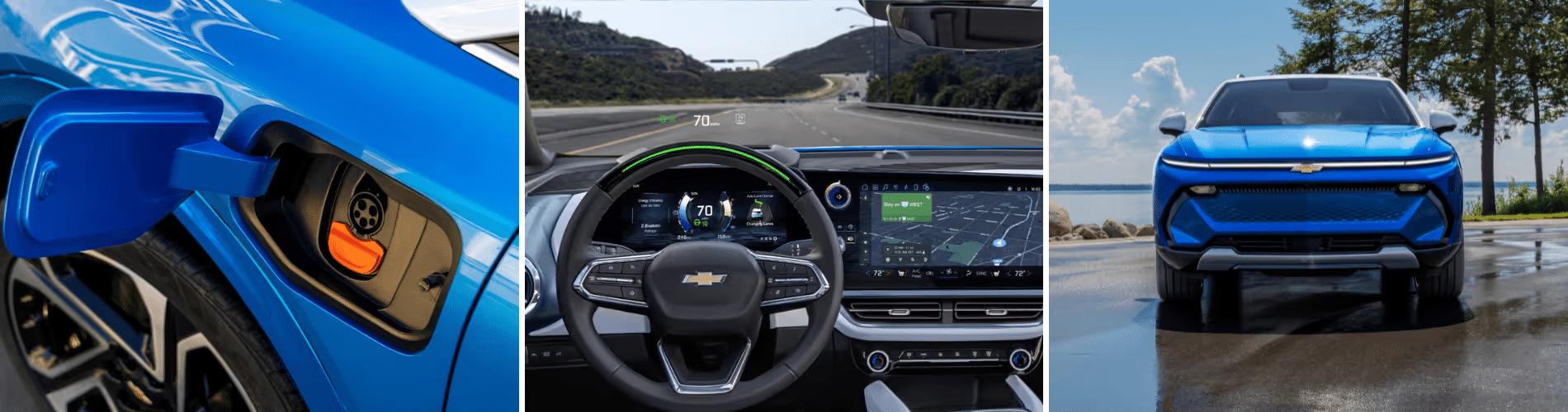 Close-up of a blue electric vehicle charging port, interior dashboard displaying speed and navigation features, and the front view of a blue Chevrolet SUV, showcasing modern electric vehicle design and technology.