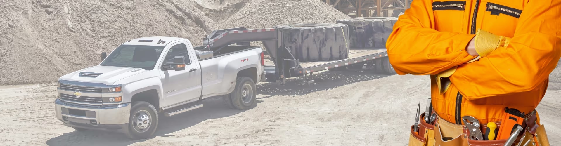 Chevrolet and GMC trucks displayed in front of a construction site, emphasizing strength and business capability, with a tagline highlighting a new look for business elite.