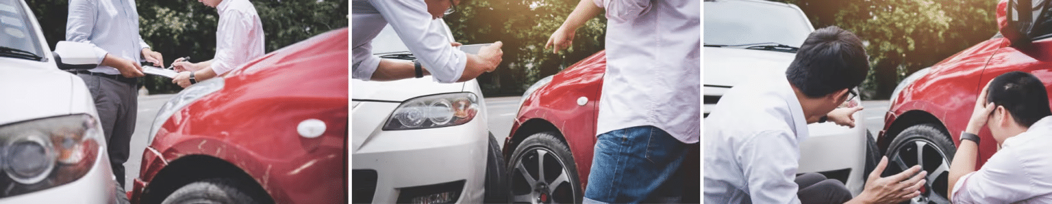 Men discussing a car accident involving a red and a white vehicle, examining damage and taking notes on a clipboard in a parking lot.