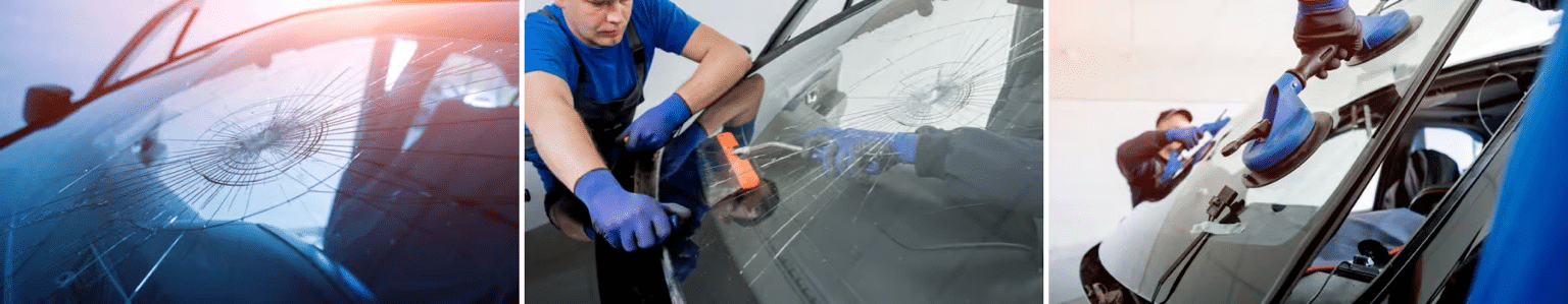 Car windshield repair process showcasing a technician using specialized tools to fix a cracked windshield, highlighting the importance of professional auto glass services for safe driving.