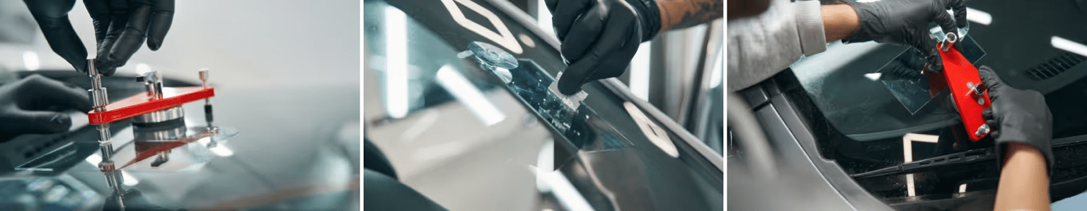 Image showing a close-up of a car windshield repair process. A technician wearing black gloves applies a specialized tool for repairing glass, focusing on the damaged area of the windshield. Various steps of the repair technique are visible, including the attachment of a suction cup and the application of resin.
