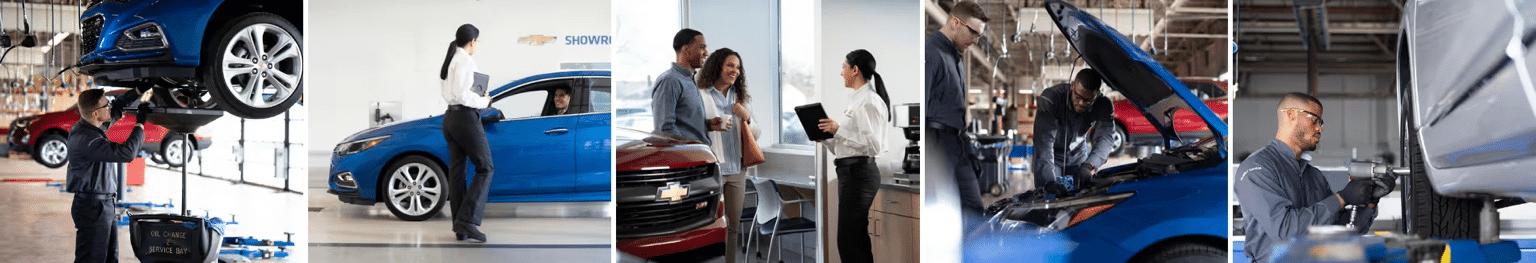 A montage of automotive service scenes featuring technicians working on vehicles in a professional garage setting. The images showcase a technician performing an oil change, customer consultations, and maintenance tasks, highlighting the quality of service and expertise in vehicle care at a Chevrolet dealership.