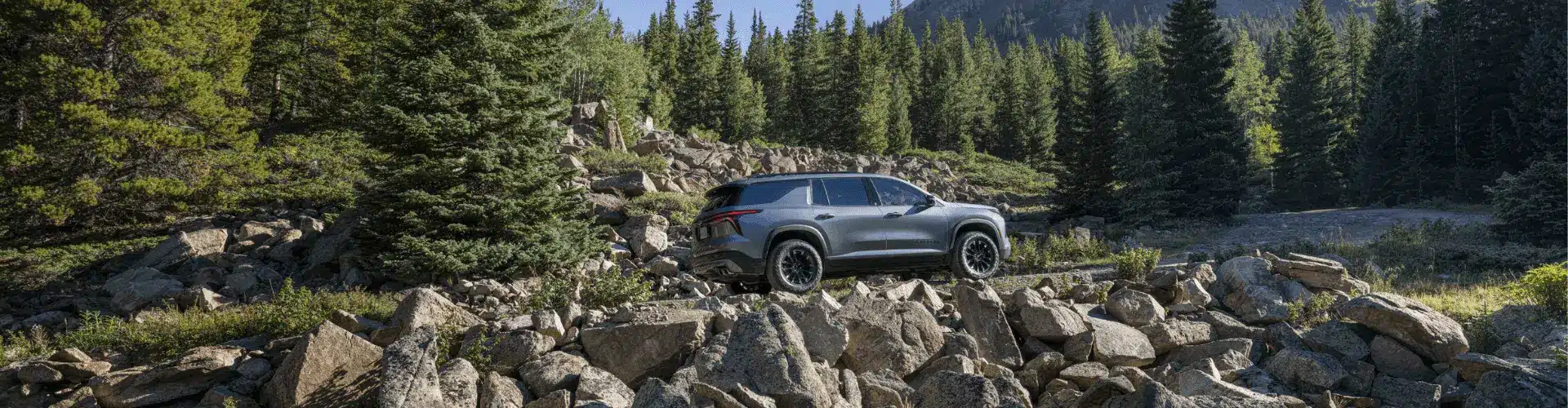 A grey SUV navigating a rocky terrain surrounded by dense evergreen trees and mountain slopes, showcasing its off-road capability in a natural landscape.