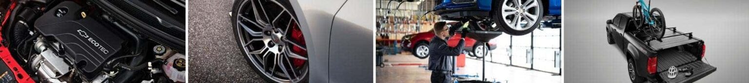Close-up of a Chevrolet Ecotec engine, a performance tire, a mechanic working on a car lift, and a pickup truck featuring a bike rack in the bed.