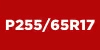P255/65R17 tire specification on a red background, highlighting the size and type suitable for various vehicles.