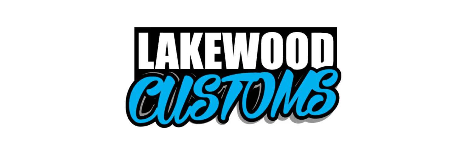 Logo design of Lakewood Customs featuring bold typography with "Lakewood" in white and "Customs" in blue, showcasing a modern and vibrant branding suitable for custom design services.