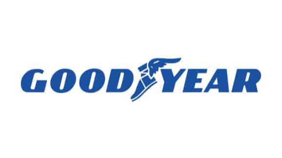 Goodyear logo featuring the brand name in bold blue letters with a winged shoe icon, symbolizing quality and innovation in tire manufacturing.