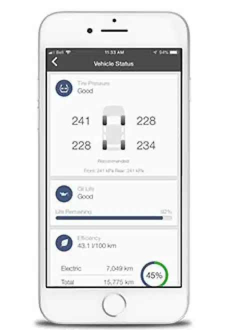 Vehicle status display on a smartphone showing tire pressure, oil life, and efficiency metrics, including tire pressure readings of 241, 228, and 234 kPa, oil life at 92%, and electric range of 7,049 km.