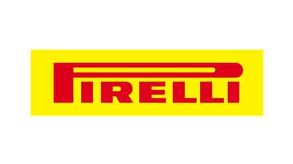 Pirelli logo featuring bold red lettering on a bright yellow background, representing the renowned tire manufacturer known for high-performance tires and motorsport collaborations.