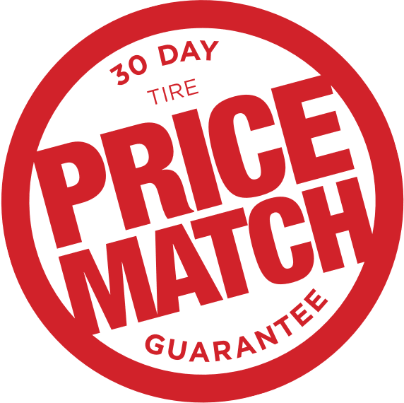 30-day tire price match guarantee badge in bold red font, emphasizing value and commitment to competitive pricing.