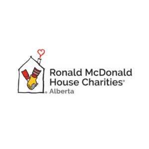 Logo of Ronald McDonald House Charities Alberta, featuring a stylized house with a heart and hands symbolizing support for families with children in medical need.