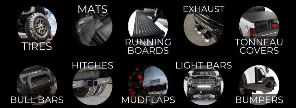 Image showcasing various truck accessories including tires, mats, running boards, exhaust systems, tonneau covers, bull bars, hitches, light bars, mudflaps, and bumpers, highlighting options for vehicle customization and enhancement.