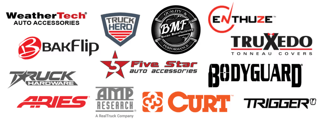 Collection of automotive accessory brand logos including WeatherTech, Truck Hero, BakFlip, Five Star, and more, showcasing a variety of products for truck enthusiasts.