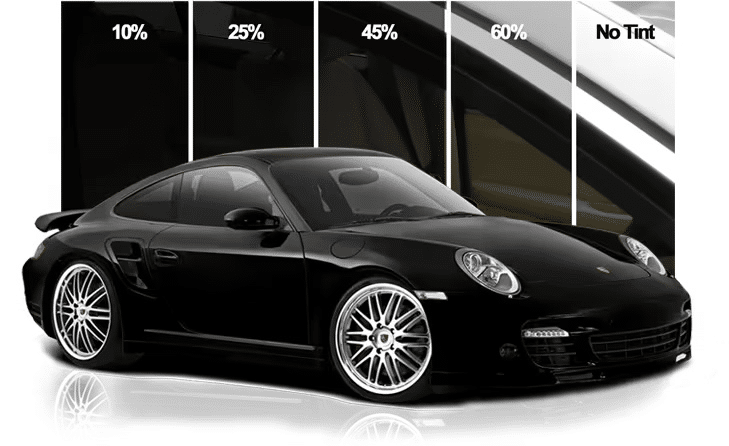 Black Porsche 911 car displayed alongside window tint options showing varying darkness levels: 10%, 25%, 45%, 60%, and no tint. Ideal for showcasing vehicle styling and customization choices.