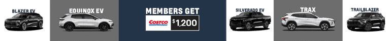 Cars displayed with text offering Costco members $1,200 off Blazer, Equinox, Silverado EV, Trax, and Trailblazer vehicles.