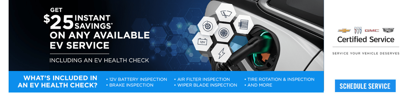 $25 savings on EV service promotion with included health check details and schedule service button.