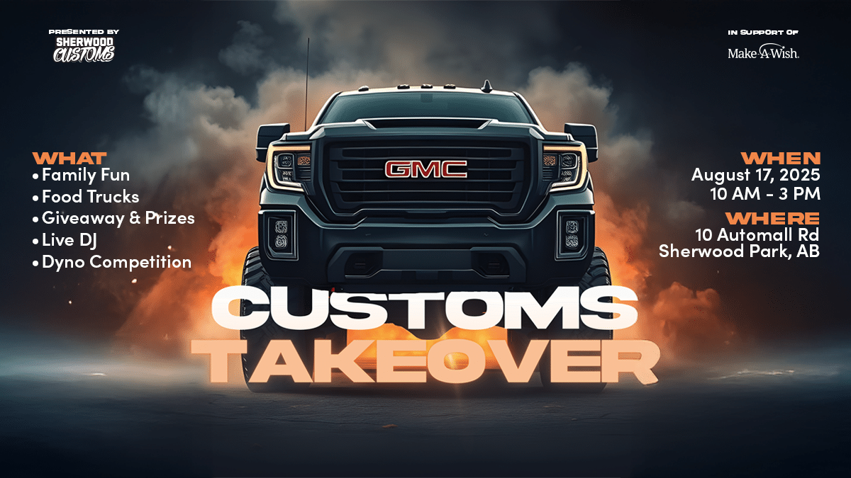 GMC truck event poster for Customs Takeover, August 17, 2025, Sherwood Park, with food trucks, DJ, and giveaways.