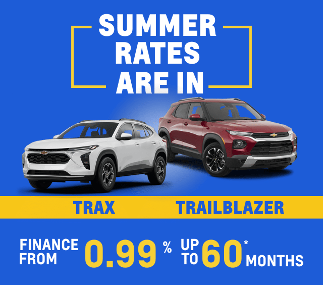 Summer car sale ad featuring Trax and Trailblazer with financing from 0.99% for up to 60 months.