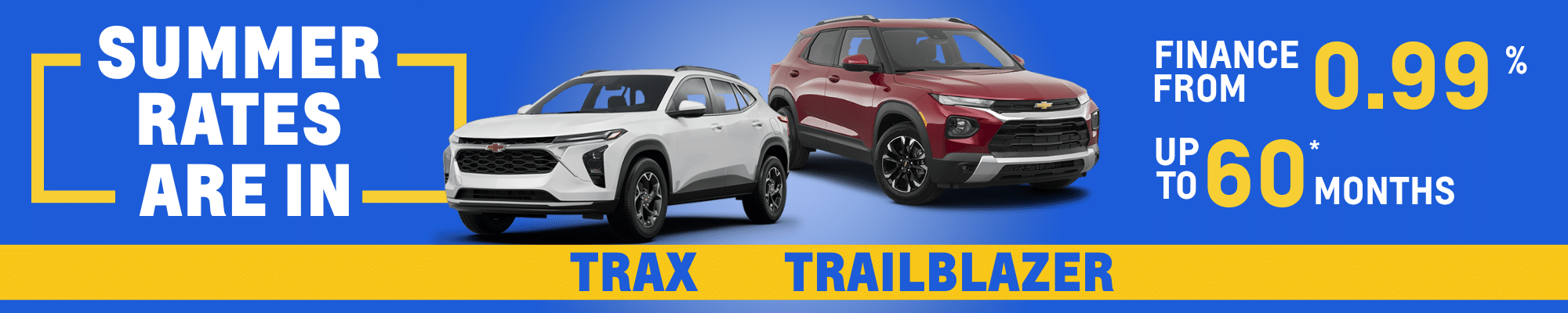 Summer car sale advertisement featuring Chevrolet Trax and Trailblazer with financing from 0.99% up to 60 months.