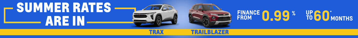 Summer car rates banner featuring Trax and Trailblazer with financing from 0.99% up to 60 months.