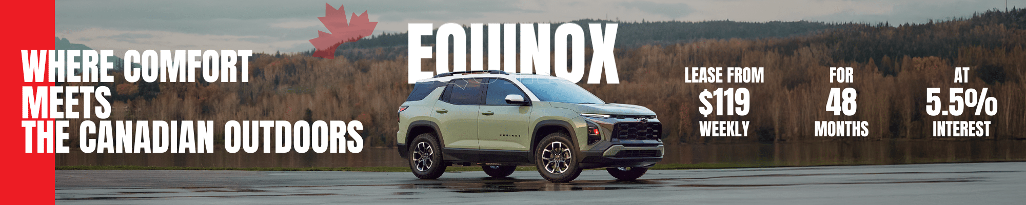 Chevrolet Equinox SUV with a forest backdrop; lease offer starts at $119 monthly for 48 months at 5.5% interest.