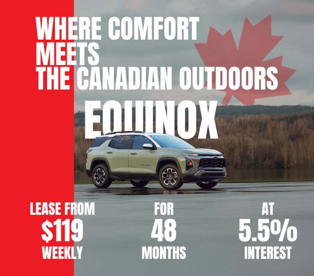 SUV advertisement featuring a vehicle by a lake, text highlighting leasing options, and a Canadian flag graphic.