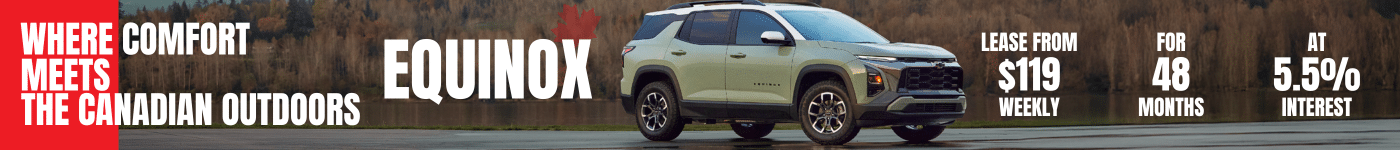 SUV advertisement featuring a vehicle by a lake, text highlighting leasing options, and a Canadian flag graphic.